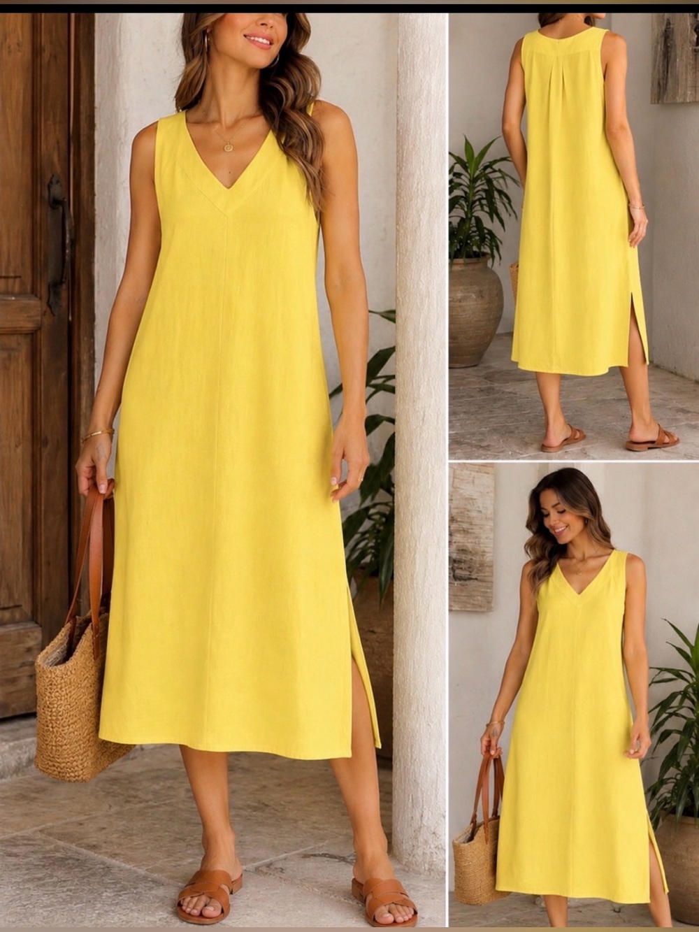 DKNY Sleeveless Linen Blend Shift Dress Yellow V Neck Midi Dress XL NWT
